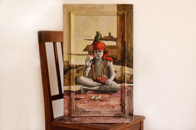 Gemälde handgemalt "junger Yogi am Ganges" Vintage Bild Indien Wandbild 60 x 35cm