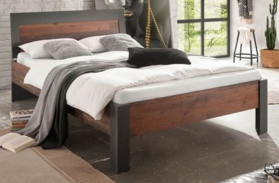 Bett in Used Wood und grau Einzelbett mit Kopfteil Liegefläche 140 x 200 cm Ward