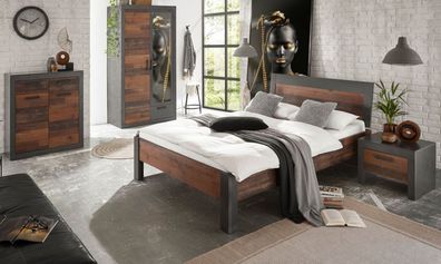 Schlafzimmer Used Wood grau Set mit Bett Kleiderschrank Kommode Nachttisch Ward