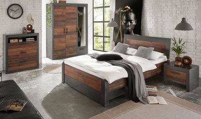 Schlafzimmer Set komplett mit Bett Schrank Kommode Nachttisch Used Wood grau Ward