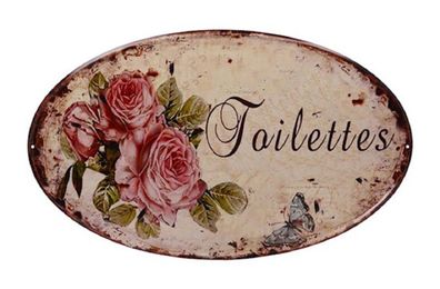 Blechschild, Landhaus Wandschild Toilette mit Rosenblüten, Oval 33x55 cm
