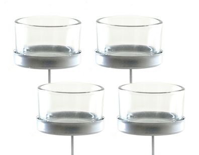 Teelichtstecker Glas / Metall im 4er Set - Kerzenhalter in silber mit Stiel / Spitze