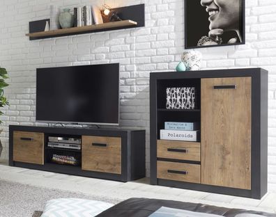 Wohnwand in Kastanie und grau Schrankwand mit Kommode und TV-Lowboard Beveren 265 cm