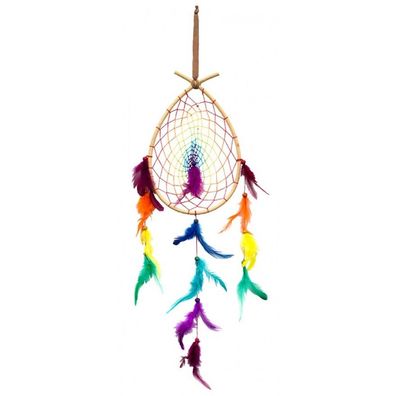 Traumfänger Rainbow DROP Rattan mit Netz L: 70 cm Dreamcatcher Windspiel Federn