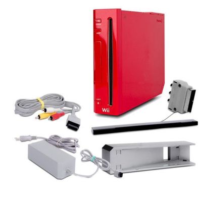 Wii Konsole Rot + Standfuss + Netzteil + original 3-Cinch-Kabel + Scart Adapter + ...