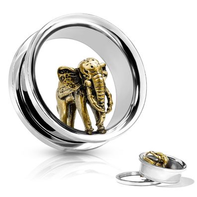 Flesh Tunnel - Elefant Inlay Goldfarben Plug Ohrring Ohrpiercing Piercing