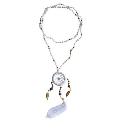 Traumfänger Halskette "Crystal" &Oslash; 3,5 cm weiss mit Glasperlen L: 54 cm Federn
