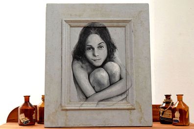 Gemälde handgemalt "Mädchen" Vintage Bild Wandbild Teak Bild Kind 50 x 45cm Portrait