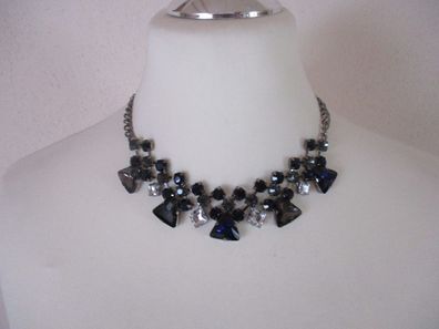 Halskette Große Blau Grau Strasssteine 45 cm mit Verlängerung