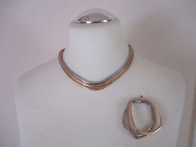 Halskette mit Armband 3 reihig Silber Rose Gold Magnetverschluss 48 cm und 19 cm Set