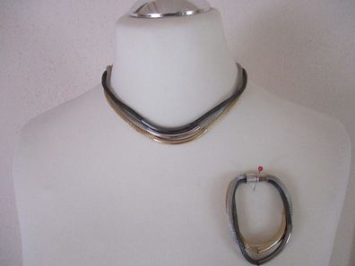 Halskette mit Armband 3 reihig Silber Schwarz Gold Magnetverschluss 48 cm und 19 cm