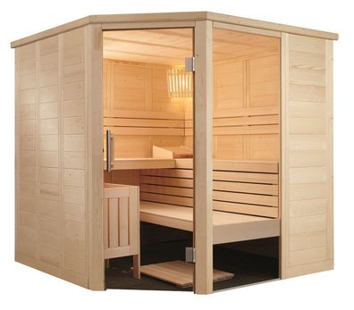 Massivholzsauna Sauna mit Eckeinstieg und Saunaofen oder Bio 206 x 206 x 204 cm