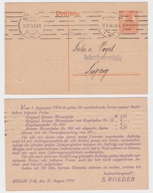 17769 Ganzsachen Postkarte P110 Zudruck Auftrag S. Roeder Berlin 1918