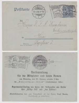 21178 DR Ganzsachen Postkarte P63 Zudruck Versammlung Konzerthaus Lübeck 1906