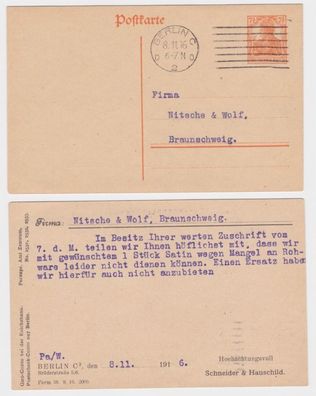 46815 Ganzsachen Postkarte P110 Zudruck Firma Schneider & Hauschild Berlin 1916