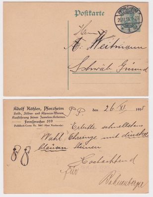 59801 Ganzsachen Postkarte P96 Zudruck Adolf Köhler Gold-Waren Pforzheim 1915