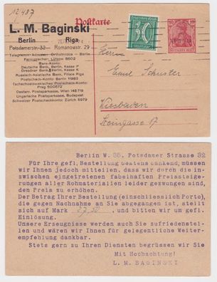 72455 DR Ganzsachen Postkarte P110 Zudruck L.M. Baginski Berlin - Riga 1921