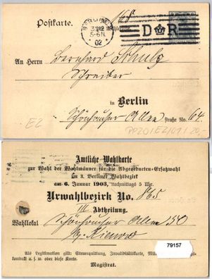 79157 DR Ganzsachen Postkarte PP20/ E2 Zudruck Wahlkarte Wahlbezirk Berlin 1903