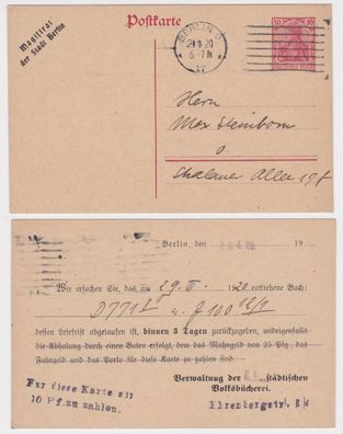 80750 DR Ganzsachen Postkarte P110 Zudruck städtische Volksbücherei Berlin 1920