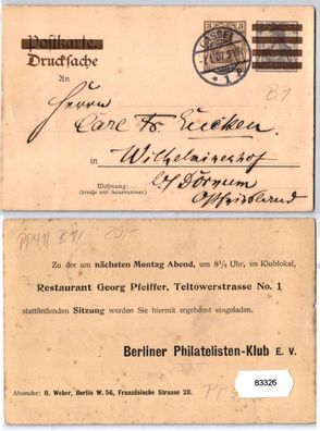 83326 Privat Ganzsachen Postkarte PP41/ B1 Zudruck Philatelisten-Klub Berlin 1907