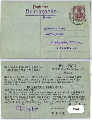 85964 DR Ganzsachen Postkarte P109 Zudruck Fr. Linck Schilder Stuttgart 1918