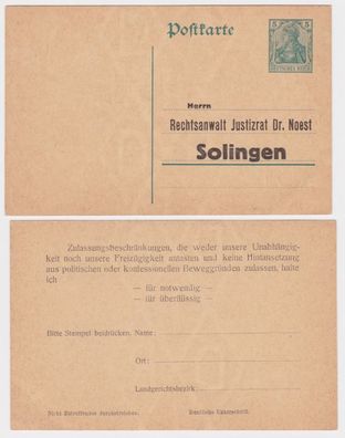 91899 Ganzsachen Postkarte P90 Zudruck Rechtsanwalt Justizrat Dr. Noest Solingen