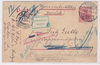 95953 DR Ganzsachen Postkarte P73 Dresden nach Basel (Schweiz) Unzustellbar 1909