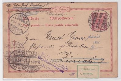 96087 DR Ganzsachen Postkarte P25 Dresden nach Zürich Unzustellbar zurück 1894
