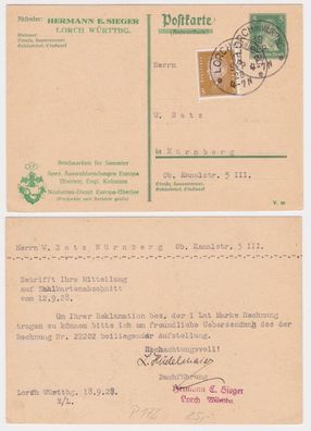 97023 DR Ganzsachen Postkarte P172 Zudruck Hermann E. Sieger Lorch 1928