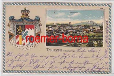 80596 Wappen Ak Traunstein im Hochgebirge Panorama 1907