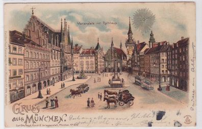 81907 AK Gruss aus München - Marienplatz mit Rathaus, Denkmal & Verkehr 1900