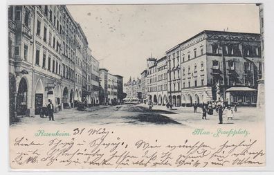 86728 AK Rosenheim - Max-Josefsplatz mit Geschäften & Brunnen 1904