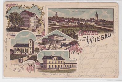 88701 Lithografie AK Gruss aus Wiesau - Bahnhof, Fuchsmühl, Kirche & Hôtel 1903