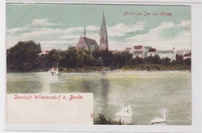 33110 Ak Deutsch Wilmersdorf bei Berlin Partie am See mit Kirche um 1900
