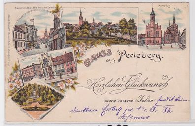 90561 Lithografie AK Gruss aus Perleberg - Markt, Kriegerdenkmal & Panorama 1896
