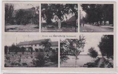 92098 AK Gruss Geroburg - Kriegerdenkmal, Geroburger See, Rosenhof & Scheune