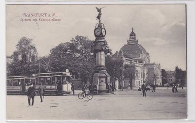 92218 Ak Frankfurt am Main Uhrturm mit Schauspielhaus & Strassenbahn 1916
