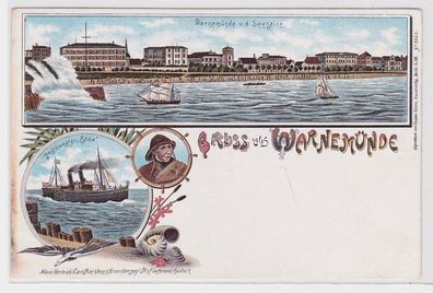 90836 Ak Lithographie Gruß aus Warnemünde Postdampfer 'Edda' usw. um 1900