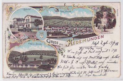 73326 Lithografie AK Gruss aus Hedemünden - Bahnhof Kriegerdenkmal & Brücke 1898