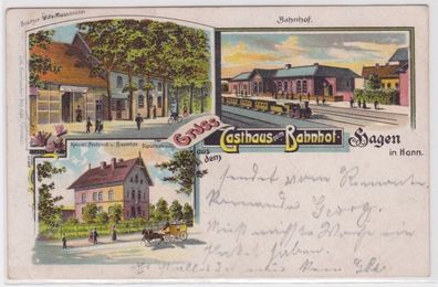 98775 Ak Lithographie Gruß aus dem Gasthaus zum Bahnhof Hagen in Hann. 1900