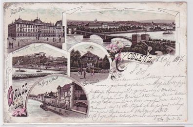 92470 AK Gruss aus Coblenz - Trinkhalle, Kaisl. Post, Burg, Mosel, Panorama 1897