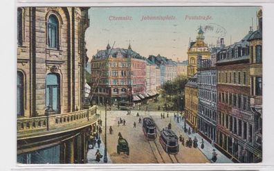 83599 AK Chemnitz - Johannisplatz, Poststraße mit Straßenbahnen & Kutsche 1914