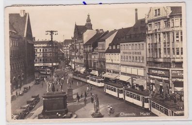 84445 AK Chemnitz - Markt mit Denkmal, Geschäften und Straßenbahn 1938