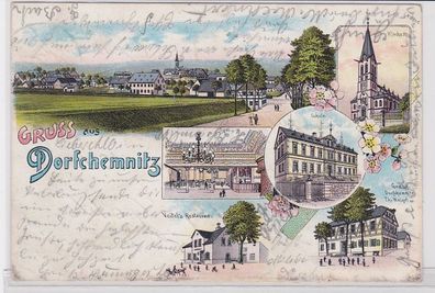 87586 Lithografie AK Gruss aus Dorfchemnitz, Kirche, Saal, Schule & Gasthof 1902