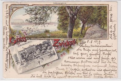 90224 Ak Lithographie Gruss aus Zwickau Schwanenteich und -schloß 1899