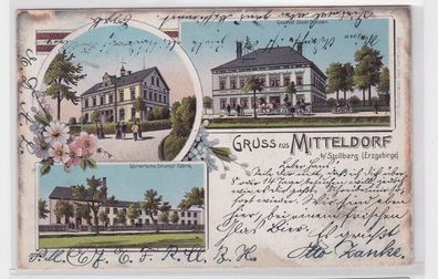 92696 Ak Lithographie Gruß aus Mitteldorf bei Stollberg Gasthof, Strumpffabrik