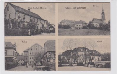 92902 Mehrbild Ak Gruß aus Zedlitz´Bäckerei, Kirche, Mühle, Schloß um 1920