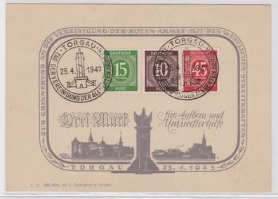 96519 Postkarte Torgau - Drei Mark für Aufbau und Umsiedlerhilfe 25.04.1945