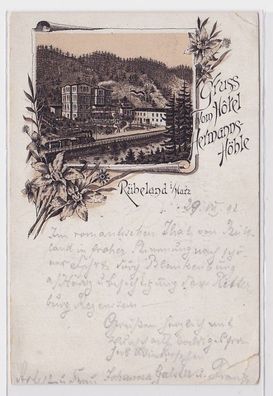 72643 Vorläufer AK Gruss vom Hôtel Hermanns-Höhle Rübeland im Harz 1892