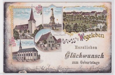 77480 Lithografie AK Gruss aus Wegeleben - Kirche, Denkmal, Rathaus & Park 1900